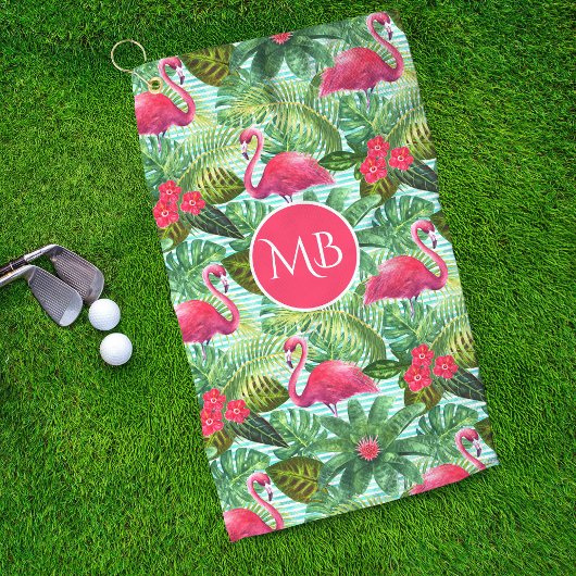 Monogram Tropical Pink Flamingo Floral Girly Golfhandtuch