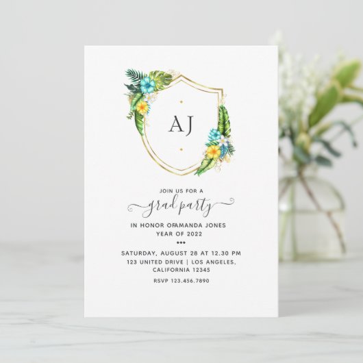 Monogram Tropical Summer Beach Abschluss Einladung (Stehend Vorderseite)