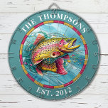 Monogram Trout Fly Fisherman Dartscheibe<br><div class="desc">Personalisieren Sie diese Forellen Fischer-Dartboard mit Ihrem Familiennamen und festem Datum. Entworfen für Sie von BlackBerry Boulevard.</div>