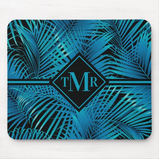 Monogram Türkis Black Palms Mousepad (Vorne)