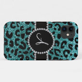 Monogram türkis-Glitzer-Geparden Case-Mate iPhone Hülle (Rückseite (Horizontal))
