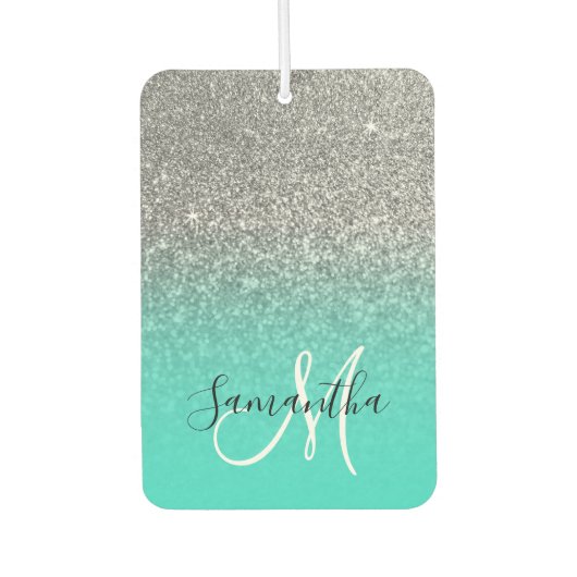 Monogram Turquoise and Silver Ombre Glitzer Foto Autolufterfrischer (Vorderseite)