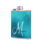 Monogram Turquoise Blue Glitzer Tropfen Girly Flachmann (Links)