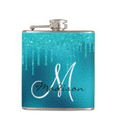Monogram Turquoise Blue Glitzer Tropfen Girly Flachmann (Vorderseite)