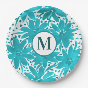 Monogram Turquoise Daisy Watercolor Bouquet Pappteller