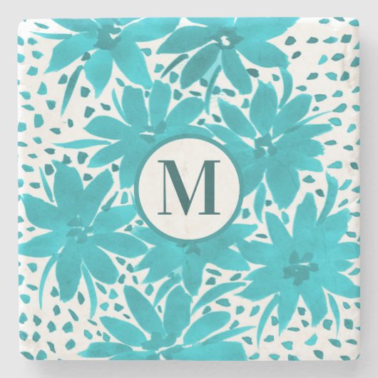 Monogram Turquoise Daisy Watercolor Bouquet Steinuntersetzer (Vorderseite)