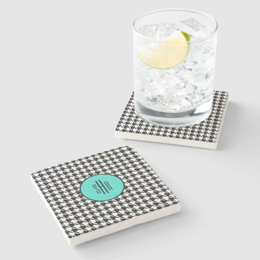 Monogram  Turquoise Houndstooth Marble Steinuntersetzer (Seitenansicht)