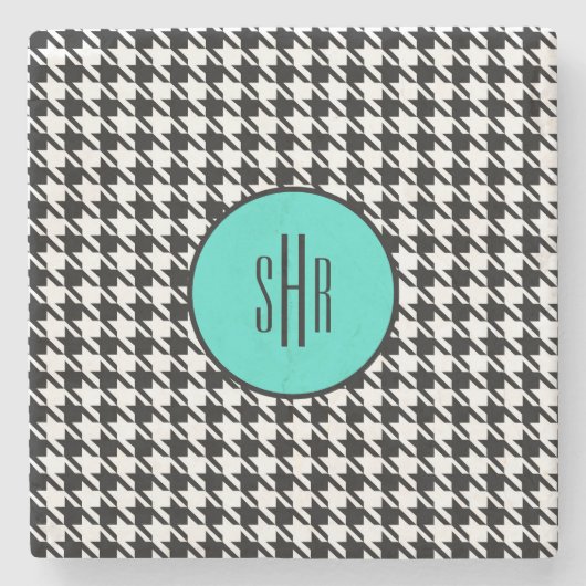 Monogram Turquoise Houndstooth Marble Steinuntersetzer (Vorderseite)