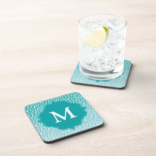 Monogram Turquoise Leopard Print Getränkeuntersetzer (Rechte Seite)