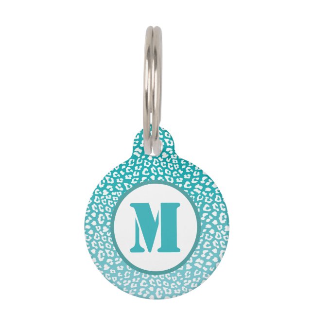 Monogram Turquoise Leopard Print Haustiermarke (Vorderseite)