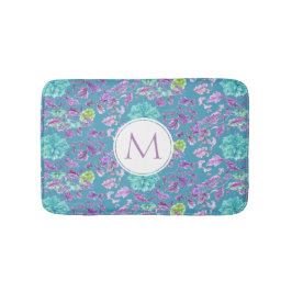 Monogram Turquoise Lila Floral Pattern  Badematte
