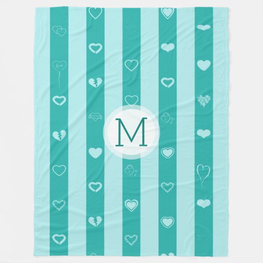 Monogram Turquoise Streifen Modernes Herzmuster Fleecedecke (Vorderseite)