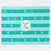 Monogram Turquoise Streifen Modernes Herzmuster Fleecedecke (Vorderseite (Horizontal))