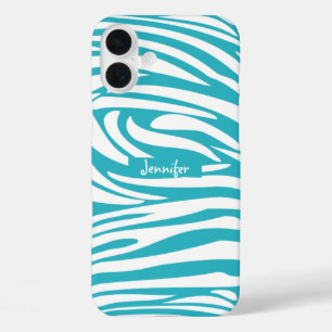 Monogram Turquoise Striped Zebra Muster Trendy iPhone 16 Plus Hülle