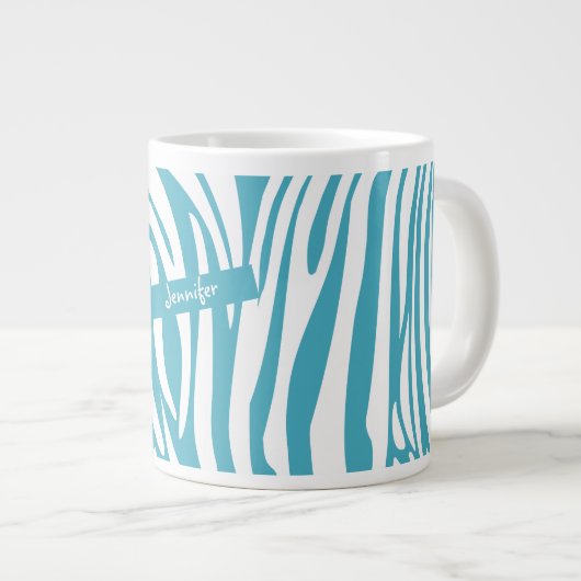 Monogram Turquoise Striped Zebra Muster Trendy Jumbo-Tasse (Vorderseite Rechts)
