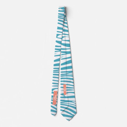 Monogram Turquoise Striped Zebra Muster Trendy Krawatte (Rückseite)