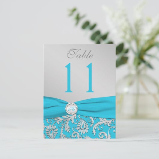 Monogram Turquoise und Silver Damask Tischnummer (Stehend Vorderseite)