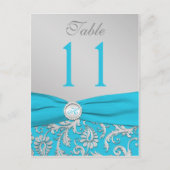 Monogram Turquoise und Silver Damask Tischnummer (Vorderseite)