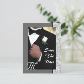 Monogram Tuxedo Groom Save the Date Postkarte (Stehend Vorderseite)