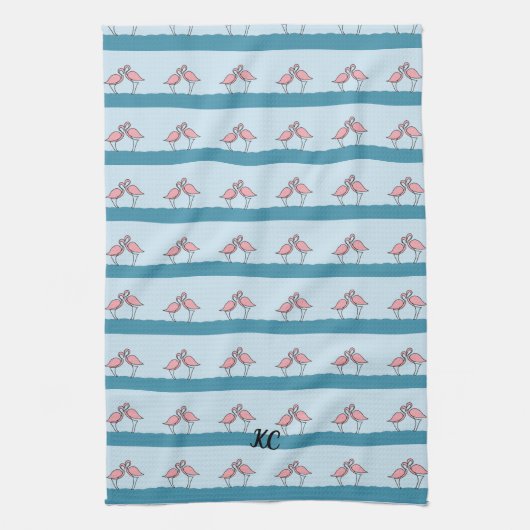 Monogram Two Pink Flamingos on Water Pattern Geschirrtuch (Vertikal)