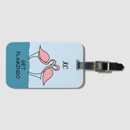 Monogram Two Pink Flamingos on Water Zitat Gepäckanhänger (Vorderseite (Horizontal))