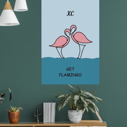 Monogram Two Pink Flamingos on Water Zitat Poster (Wohnzimmer 1)