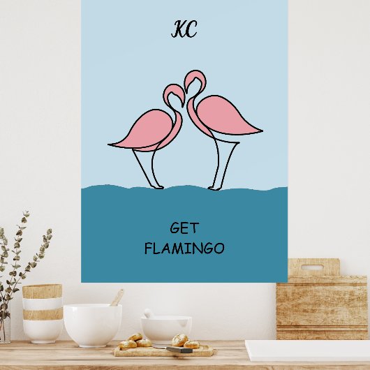 Monogram Two Pink Flamingos on Water Zitat Poster (Küche)