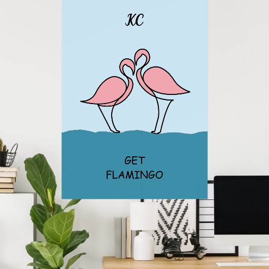 Monogram Two Pink Flamingos on Water Zitat Poster (Heimbüro)