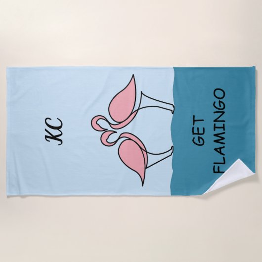 Monogram Two Pink Flamingos on Water Zitat Strandtuch (Vorderseite)