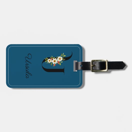 Monogram U Cobalt Aquarell Blume Gepäckanhänger (Vorderseite horizontal)