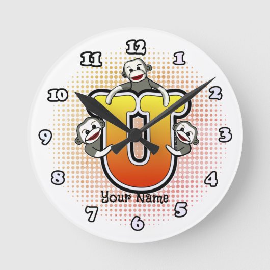 Monogram U Sock Monkey-Uhr Runde Wanduhr (Vorderseite)