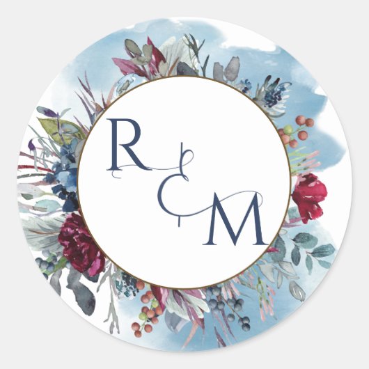 Monogram Umschlag Aufkleber Blue Burgundy Wedding (Vorderseite)