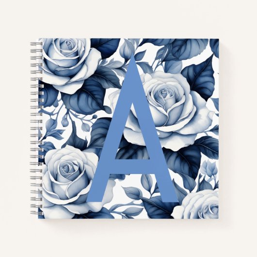 Monogram und Blue Rose-Sqaure-Notebook Notizblock (Vorderseite)