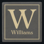 MONOGRAM und Familienname in Schwarz Steinuntersetzer<br><div class="desc">Passen Sie Ihre Familienmonogramm und Ihren Nachnamen in schicken goldenen Schriftzeichen auf schwarzem Hintergrund an. Verändern Sie die Farbtöne auf etwas,  das zu Ihrer Wohngestaltung passt oder als Hochzeitsgeschenk schenkt: Jubiläumsgeschenk,  Verlobungsgeschenk,  Gastgebergeschenk und vieles mehr.</div>