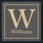 MONOGRAM und Familienname in Schwarz Steinuntersetzer<br><div class="desc">Passen Sie Ihre Familienmonogramm und Ihren Nachnamen in schicken goldenen Schriftzeichen auf schwarzem Hintergrund an. Verändern Sie die Farbtöne auf etwas,  das zu Ihrer Wohngestaltung passt oder als Hochzeitsgeschenk schenkt: Jubiläumsgeschenk,  Verlobungsgeschenk,  Gastgebergeschenk und vieles mehr.</div>