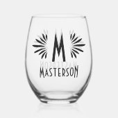 Monogram und Name Custom Art Deco Black Geblüht Weinglas Ohne Stiel (Vorderseite)