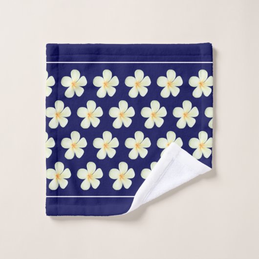 Monogram und White Plumeria Blume auf Navy Blue Badhandtuch Set (Waschlappen)