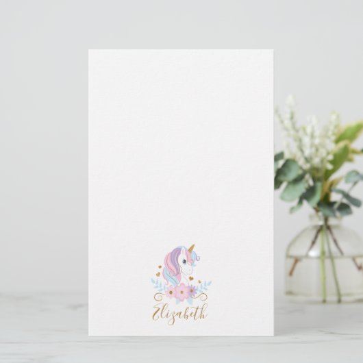 Monogram Unicorn Pink Blue Gold, Girl Briefpapier (Stehend Vorderseite)