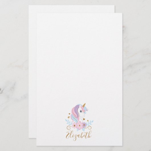 Monogram Unicorn Pink Blue Gold, Girl Briefpapier (Vorne/Hinten)