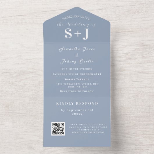 Monogram Unique Dusty Blue QR Code Wedding RSVP All In One Einladung (Innen Boden)