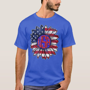 Monogram USA American Flag Sunflower Graphic 4. T-Shirt