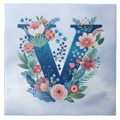 Monogram 'V' dekoratives Blumendesign Fliese (Vorderseite)