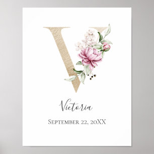 Monogram V Pink White Floral Gold Letter Kinderzim Poster