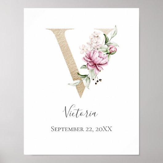 Monogram V Pink White Floral Gold Letter Kinderzim Poster (Vorne)