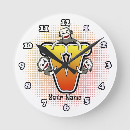 Monogram V Socken-Monkey-Uhr Runde Wanduhr (Vorderseite)