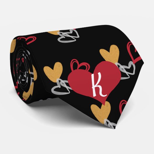 Monogram Valentine Red Gold White Heart Black Krawatte (Gerollt)