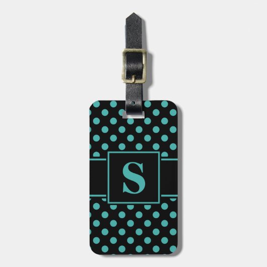 Monogram Verdigris Green auf Black Polka Dot Gepäckanhänger (Vorderseite vertikal)