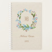 Monogram Vergiss-Me-Not Wreath Blue Beige Rustic Planer (Vorderseite)