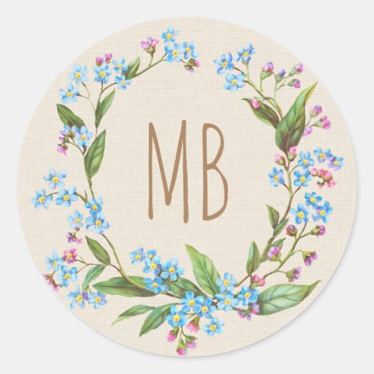 Monogram Vergiss-Me-Not Wreath Blue Beige Rustic Runder Aufkleber (Vorderseite)