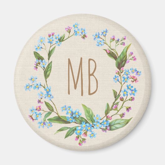 Monogram Vergiss-Me-Not-Wreath Blue Niedlich rusti Magnet (Vorne)